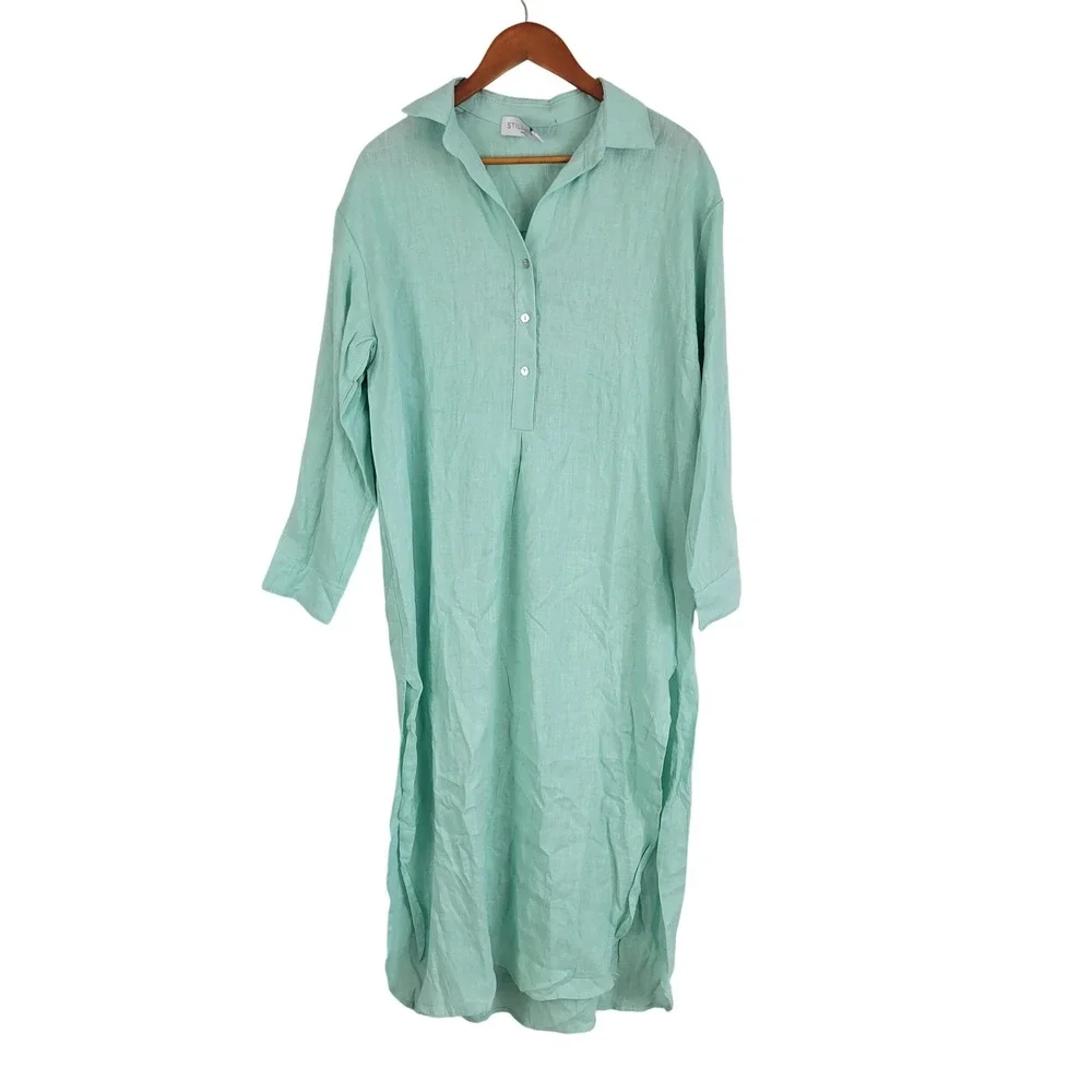 Stillwater The Linen Voile Tunic Seaglass Maxi Dress Size Medium Resortwear - Picture 2 of 13